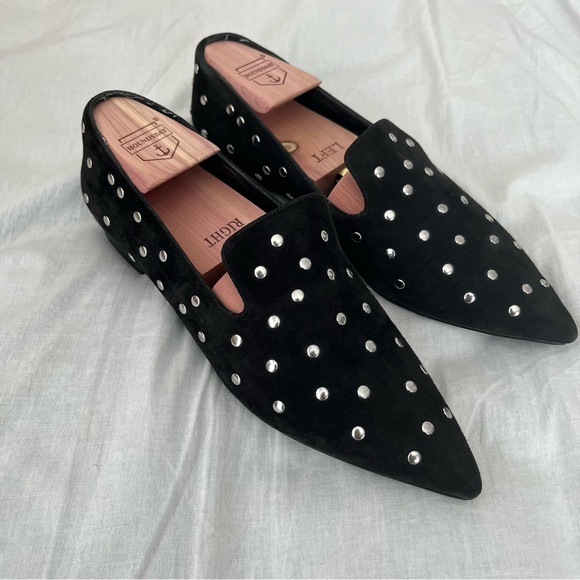 COPY - Black Suede Studio Silver Studded Black Pointed Toe Loafers - Size 8.5 - Picture 1 of 6